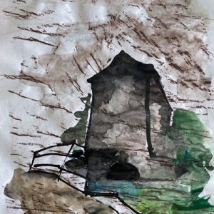 "Le Moulin mer" : technique mixte sur papier de soie, 32 x 42 cm